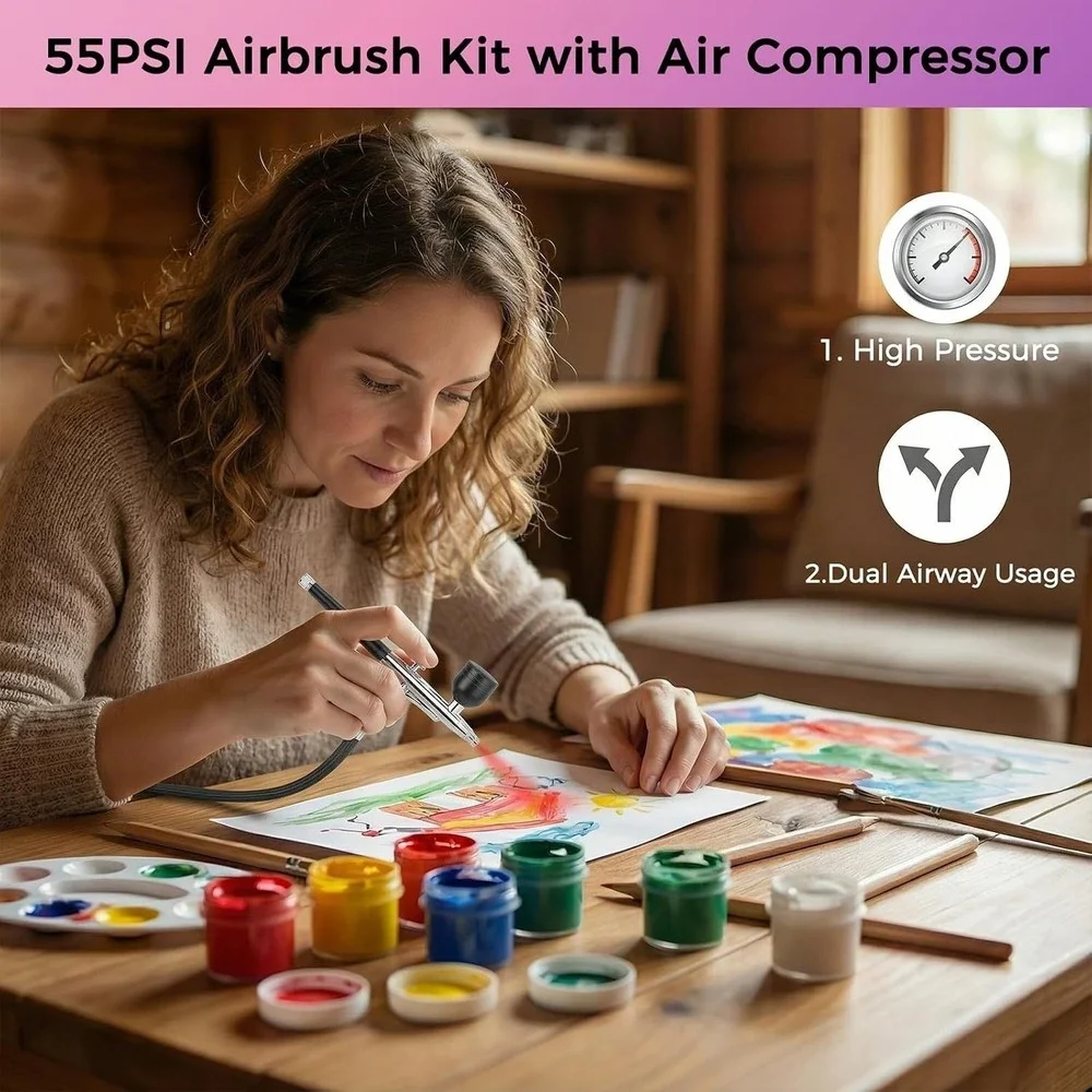 55PSI Dual Airflow Airbrush Kit with Compressor 0.2/0.3/0.5mm Nozzles & Cleaning